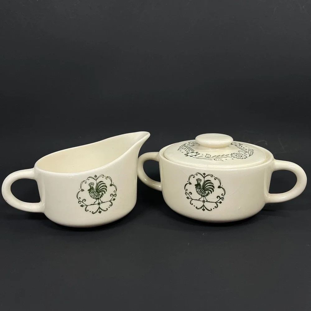 Scio Pottery Provincial Creamer Sugar Bowl Set Green White Rooster Farmhouse